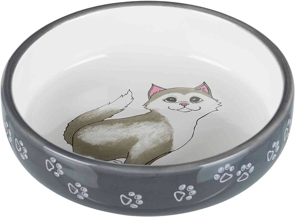 Trixie Cat White/Grery Flat Ceramic Bowl with Printed Cat Paw 0.30 Litre - 15 cm