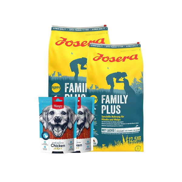 BUY 2 Josera Adult Dog Family Plus 12.5 Kg Bag GET 2 WANPY CHICKEN JERKY STRIPES 100 G